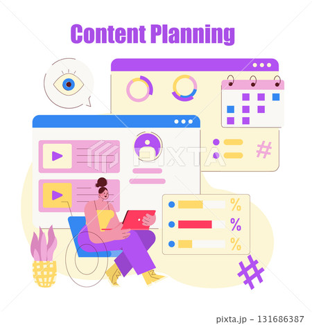 Woman sitting and using a tablet with digital content planning interface. The illustration features charts, calendar, and profile elements highlighting organization and strategy. 131686387