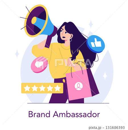 Vector illustration of a woman holding a megaphone, promoting a brand. The image emphasizes social media interaction with icons for likes and reviews, highlighting marketing impact. Vector illustration of a woman holding a megaphone, promoting a brand. The image emphasizes social media interaction with icons for likes and reviews, highlighting marketing impact. 131686393