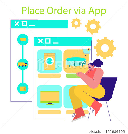 Vector illustration showing online shopping process with an app. A person interacts with the app interface, displaying products and purchase stages, highlighting digital commerce. 131686396