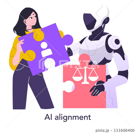 Vector illustration of a person and robot aligning puzzle pieces representing AI alignment and collaboration. The image highlights cooperation and technology integration for future progress. 131686400