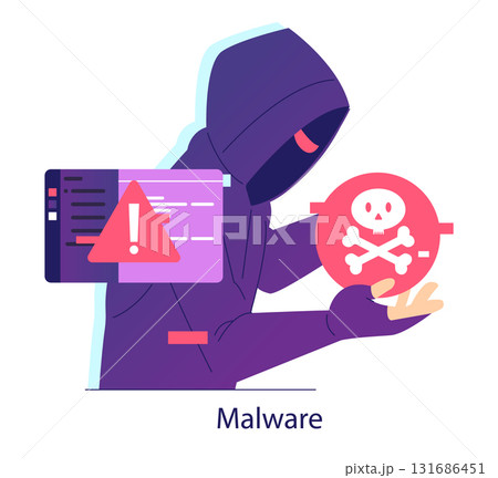 Vector illustration showing a hooded figure engaged in a malware threat. The scene emphasizes cybersecurity risks with symbolic icons indicating computer hacking and data breaches. 131686451
