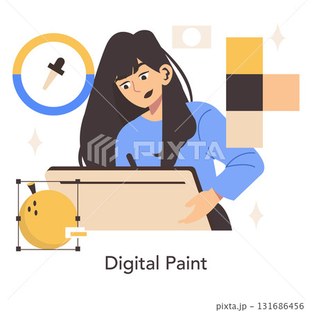 Vector illustration of a young woman enthusiastically creating art on a digital tablet. Elements include a color palette and design tools, enhancing the creative process. Vector illustration of a young woman enthusiastically creating art on a digital tablet. Elements include a color palette and design tools, enhancing the creative process. 131686456