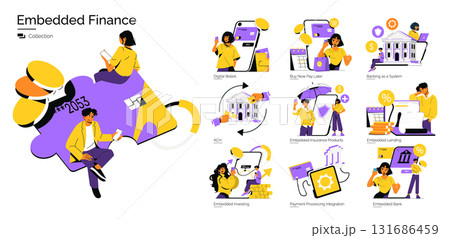 Vector illustration showcasing various embedded finance concepts, including digital payment systems, banking integration, and insurance products. Depicts people interacting with technology. Vector illustration showcasing various embedded finance concepts, including digital payment systems, banking integration, and insurance products. Depicts people interacting with technology. 131686459