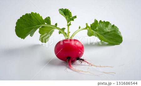 白い背景に、根と葉がついたラディッシュ 131686544