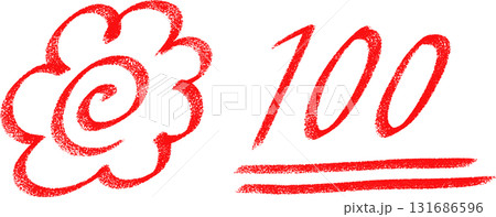 赤いクレヨンタッチの花丸と100点アイコンセット 131686596