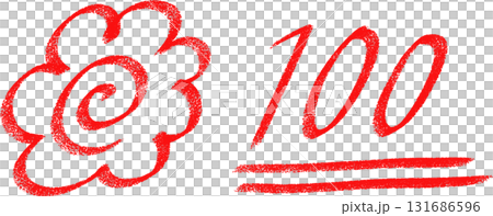 赤いクレヨンタッチの花丸と100点アイコンセット 131686596