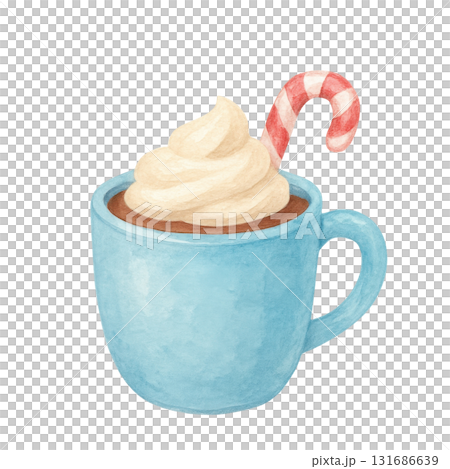 Watercolor illustration of blue cup filled with hot chocolate topped with whipped cream and red and white striped candy cane, evoking cozy winter warmth and festive cheer Watercolor illustration of blue cup filled with hot chocolate topped with whipped cream and red and white striped candy cane, evoking cozy winter warmth and festive cheer 131686639