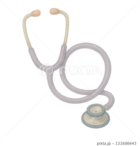Watercolor illustration clipart of stethoscope coiled in soft spiral with metallic and pastel detail single object medical tool for health care and diagnosis 131686643