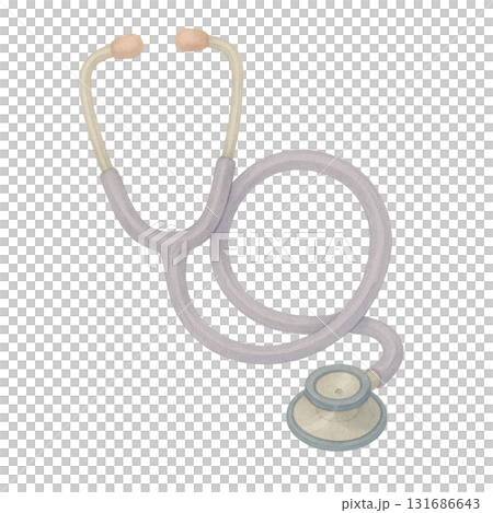 Watercolor illustration clipart of stethoscope coiled in soft spiral with metallic and pastel detail single object medical tool for health care and diagnosis 131686643