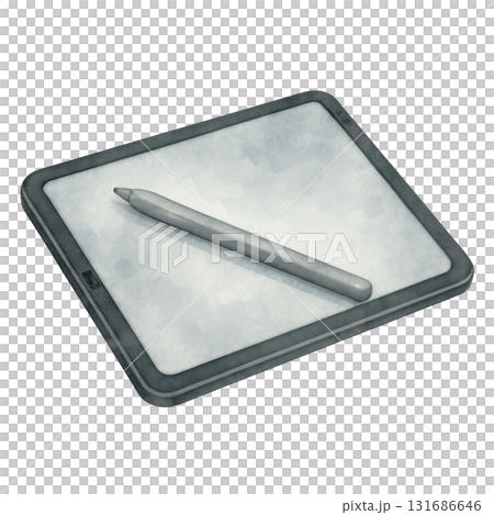 Digital tablet with stylus resting on screen, watercolor illustration clipart showing creative work from home setup with single object for design and drawing use 131686646