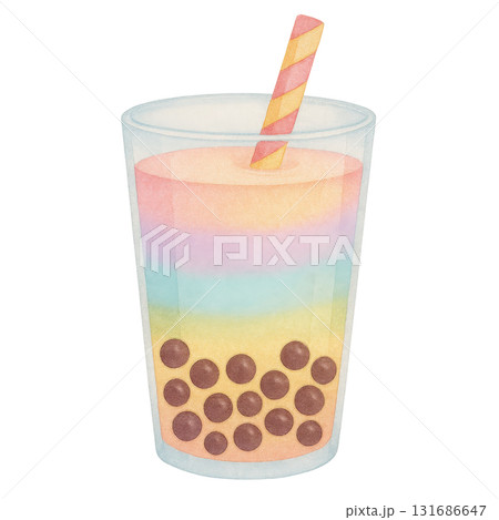 Watercolor illustration of tall cup of pastel rainbow milk tea with brown tapioca pearls and pink and yellow striped straw, colorful and refreshing drink 131686647