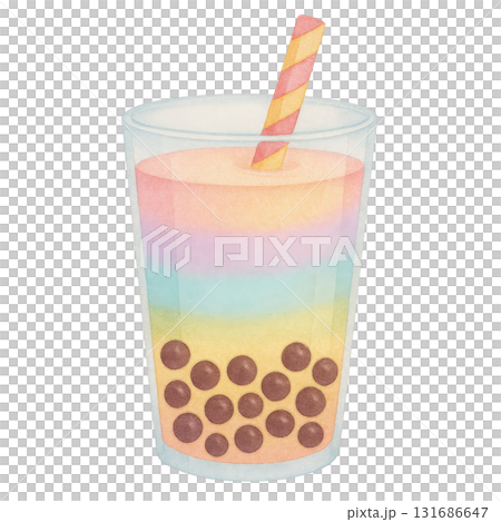 Watercolor illustration of tall cup of pastel rainbow milk tea with brown tapioca pearls and pink and yellow striped straw, colorful and refreshing drink 131686647
