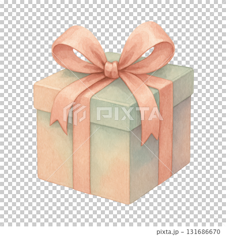 Watercolor illustration of pastel gift box wrapped with soft pink silky ribbon and bow, perfect for celebrations and special occasions with delicate and charming look 131686670