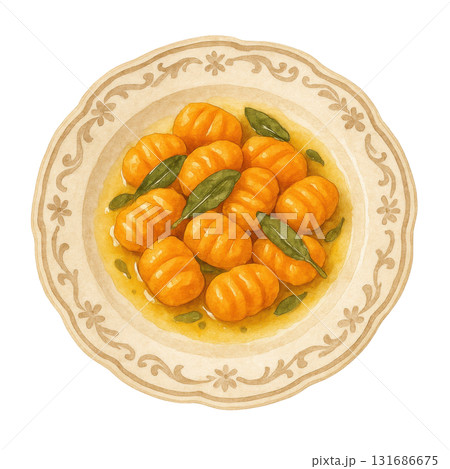 Watercolor illustration of pumpkin gnocchi with sage butter on vintage plate, showcasing warm and comforting autumn dish with rich orange tones and fresh green leaves 131686675