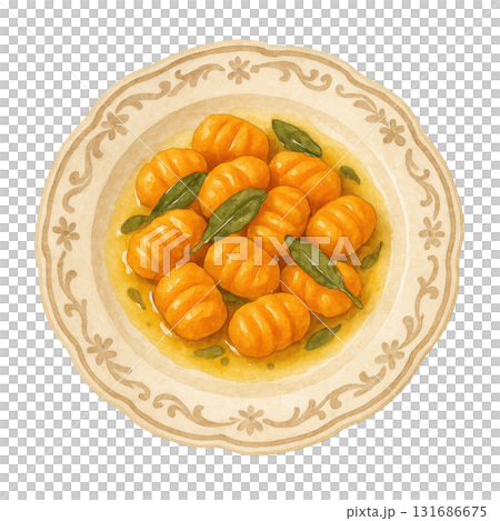Watercolor illustration of pumpkin gnocchi with sage butter on vintage plate, showcasing warm and comforting autumn dish with rich orange tones and fresh green leaves 131686675