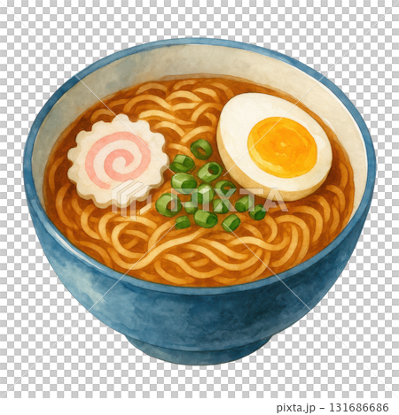 Watercolor illustration of ramen bowl with noodles, boiled egg, fish cake, and scallions in blue bowl, showcasing warm and comforting traditional Japanese noodle soup 131686686