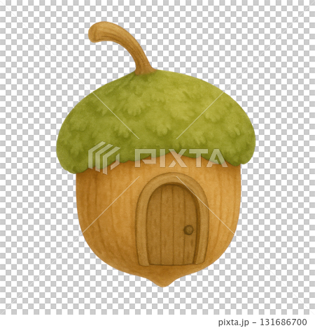 Cozy acorn house with wooden door and green leafy roof, charming small cabin illustration isolated on transparency background, whimsical nature inspired home design 131686700