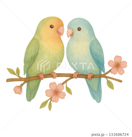 Watercolor illustration of two lovebirds perched on blossoming branch, featuring soft pastel colors and delicate floral details, evoking gentle and romantic mood 131686724