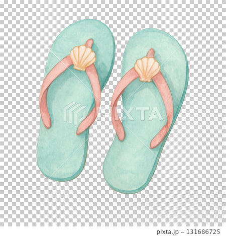 Watercolor illustration of pastel flip flop sandals with seashell decoration and soft texture, evoking gentle and relaxed summer beach vibe 131686725