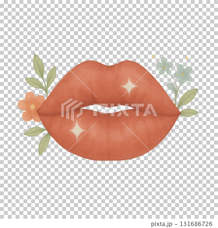 Watercolor illustration of red lips with soft sparkle and floral accents, featuring green leaves and pastel flowers, creating delicate and charming design 131686726