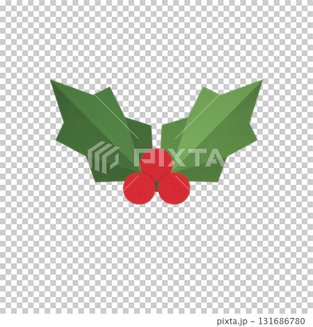 Origami holly leaves with red berries made from folded green paper, sharp geometric shapes create festive and decorative holiday symbol 131686780