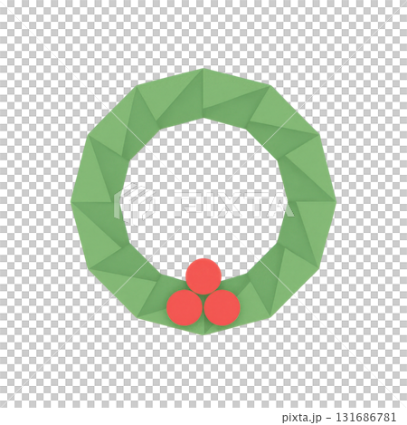 Origami holly wreath icon folded green paper circular wreath with red berries, festive decoration symbol with geometric shapes and clean design for holiday celebration 131686781
