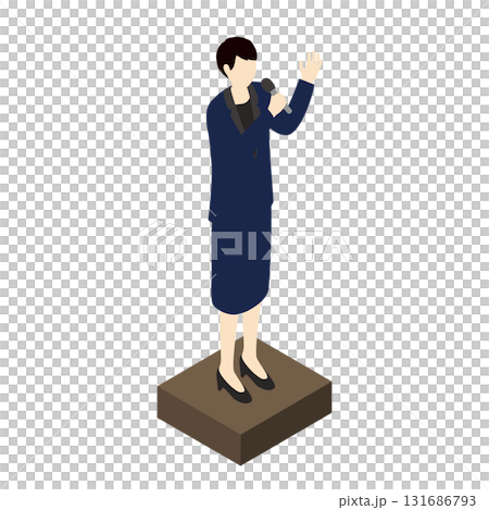一位女商人在麥克風前發表演講的等距插圖 131686793