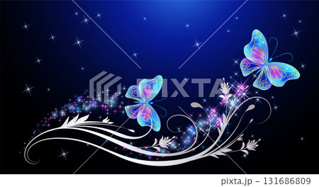 Fairytale night sky with magical blue butterflies and floral ornament and stars. Fantasy sparkle background. Fairytale night sky with magical blue butterflies and floral ornament and stars. Fantasy sparkle background. 131686809