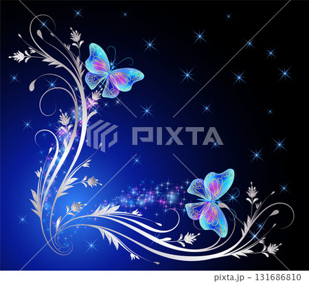 Fairytale night sky with magical blue butterflies and floral ornament and stars. Fantasy sparkle background. Fairytale night sky with magical blue butterflies and floral ornament and stars. Fantasy sparkle background. 131686810