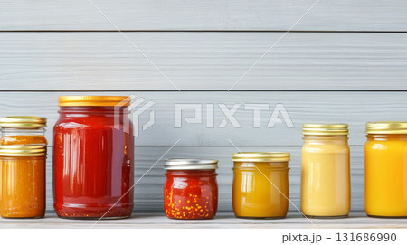 Glass jars filled with various spicy pepper sauces on wooden shelf, background 131686990