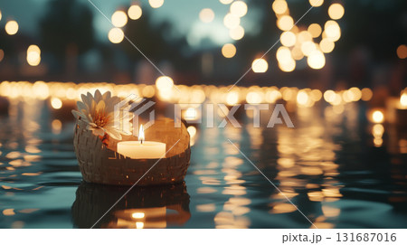 Asian festival Yi Peng lanterns floating on water at night, background 131687016