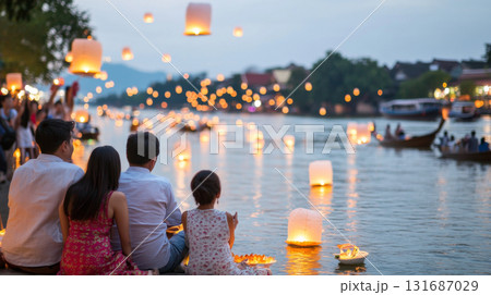 Yi Peng festival showing river lanterns and people at twilight, background Yi Peng festival showing river lanterns and people at twilight, background 131687029
