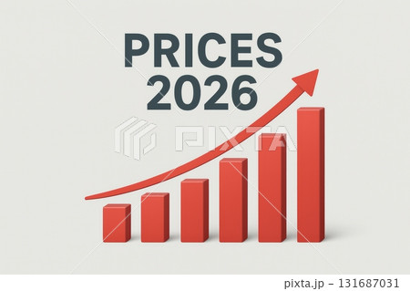 Rising prices chart with red bars and upward arrow in 2026, copy space Rising prices chart with red bars and upward arrow in 2026, copy space 131687031