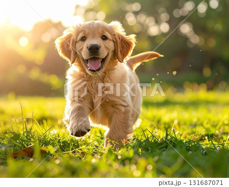 A happy Golden Retriever puppy runs towards the viewer across a grassy field. The sun shines brightly, creating a warm, cheerful atmosphere. The puppy looks playful and energetic. 131687071