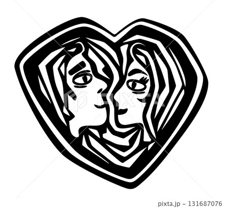 Man and woman in love. In a heart frame. Brazilian cordel northeast woodcut vector illustration 131687076