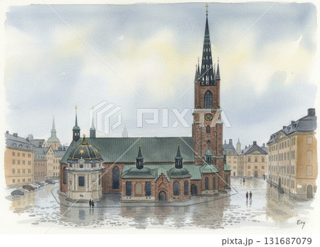 水彩画で描かれたスウェーデンのストックホルムにあるリッダーホルム教会の美しいイラスト素材 131687079
