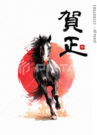 年賀状　午年　水墨風　馬　日の出（テキストなし） 131687081