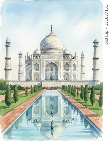 女性とタージ・マハル 油彩画 水路に美しく反射するインドの世界遺産タージ・マハルを描いた水彩