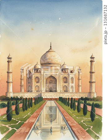 夕焼けに染まるインドの世界遺産タージ・マハルを描いた水彩イラスト素材 131687132