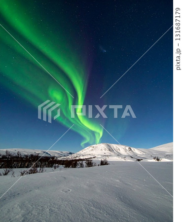 夜空に、一本の緑色のオーロラが、カーテンのように静かに揺らめいている風景 夜空に、一本の緑色のオーロラが、カーテンのように静かに揺らめいている風景 131687179