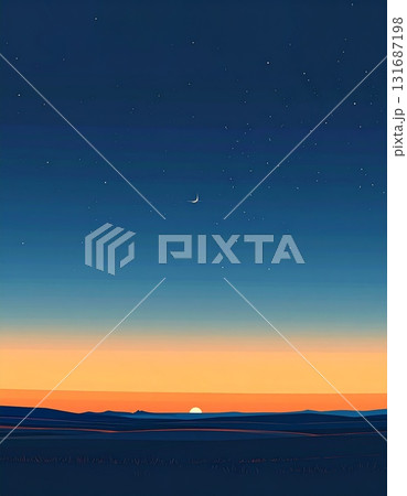 夜明け前、濃い青から淡いオレンジへと変化する、美しいグラデーションの空 夜明け前、濃い青から淡いオレンジへと変化する、美しいグラデーションの空 131687198