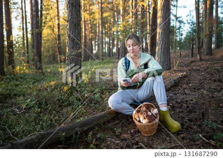 Focused woman capture mushroom basket use smartphone in forest. Digital sharing content blogging Focused woman capture mushroom basket use smartphone in forest. Digital sharing content blogging 131687290
