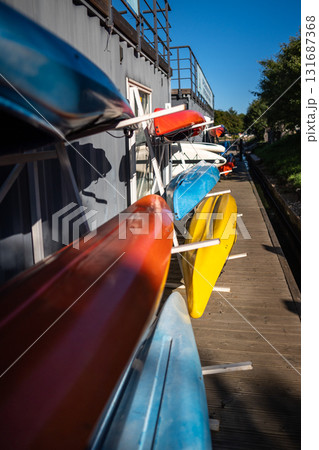 Urban paddleboarding hub providing equipment hire for active outdoor leisure on city waterways Urban paddleboarding hub providing equipment hire for active outdoor leisure on city waterways 131687368