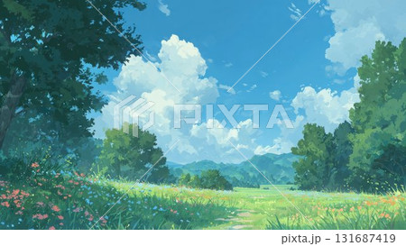 夏の花咲く草原と白い雲 自然風景背景 131687419