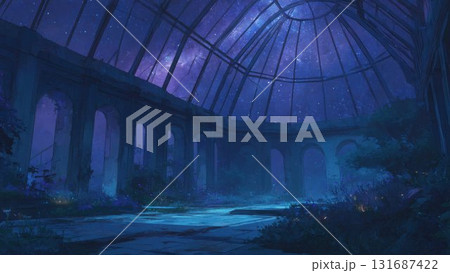 星空に包まれた廃墟温室 幻想的夜景イラスト 131687422