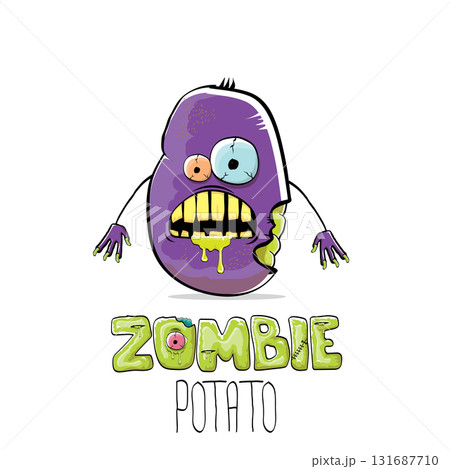vector funny cartoon spooky violet zombie potato character isolated on white background. Zombie potato vector concept halloween background and label. Dead monster vegetable funky character 131687710