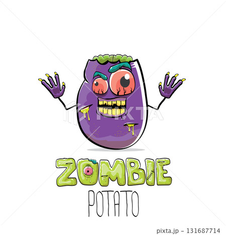 vector funny cartoon spooky violet zombie potato character isolated on white background. Zombie potato vector concept halloween background and label. Dead monster vegetable funky character vector funny cartoon spooky violet zombie potato character isolated on white background. Zombie potato vector concept halloween background and label. Dead monster vegetable funky character 131687714