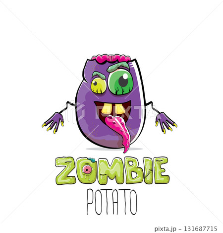 vector funny cartoon spooky violet zombie potato character isolated on white background. Zombie potato vector concept halloween background and label. Dead monster vegetable funky character 131687715