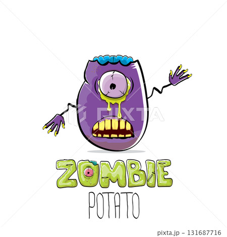 vector funny cartoon spooky violet zombie potato character isolated on white background. Zombie potato vector concept halloween background and label. Dead monster vegetable funky character vector funny cartoon spooky violet zombie potato character isolated on white background. Zombie potato vector concept halloween background and label. Dead monster vegetable funky character 131687716