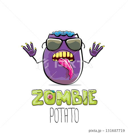 vector funny cartoon spooky violet zombie potato character isolated on white background. Zombie potato vector concept halloween background and label. Dead monster vegetable funky character 131687719